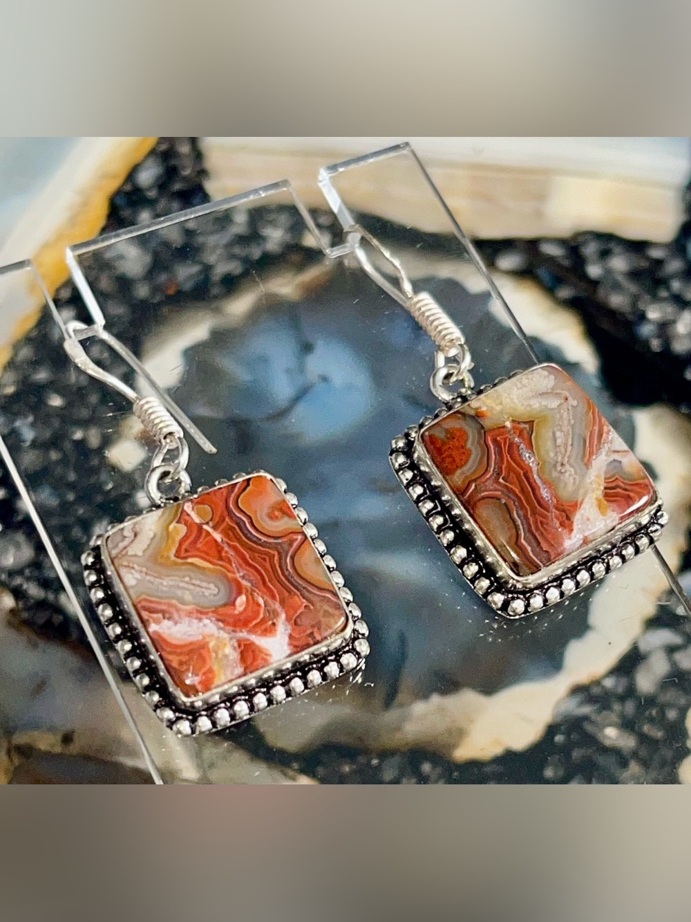 Dainty Crazy Lace Agate Earrings 1 1/4”